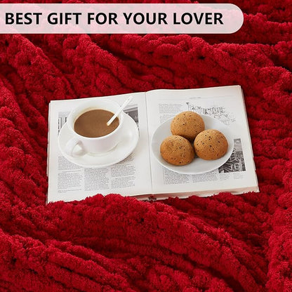 L'AGRATY Chunky Knit Throw: 72''x84'' Chenille Blanket for Bed Couch - Handmade Thick Big Cable Knit - Large Crochet Rope for Home Decor (Red)