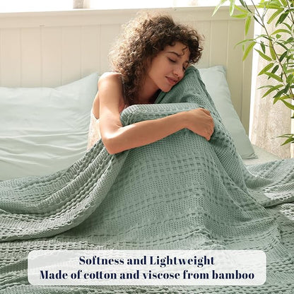 PHF Cooling Waffle Blanket Twin Size, Lightweight 60% Rayon Derived from Bamboo & 40% Cotton Breathable Blanket for Hot Sleepers, Soft and Luxury for Bed Couch and Sofa, 66"x90", Sage Green