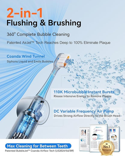 RANVOO [Vibrating & Flossing 2-in-1 AirJet Bubble Sonic Electric Toothbrush, 100% Plaque Removal, Whiter for Adult Protect Gum Orthodontic Teeth Clean Rechargeable Gift with 2 Soft Brush Heads White