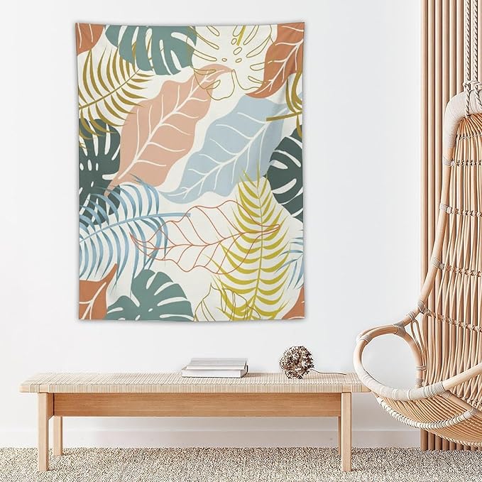 ICMOLYYENLO Boho Green Leaves Tapestry, Mid Century Abstract Tropical Palm Leaves Modern Minimalist Geometric Wall Hanging, Neutral Home Decor Art for Living Room Bedroom Dorm 40x60 Inch