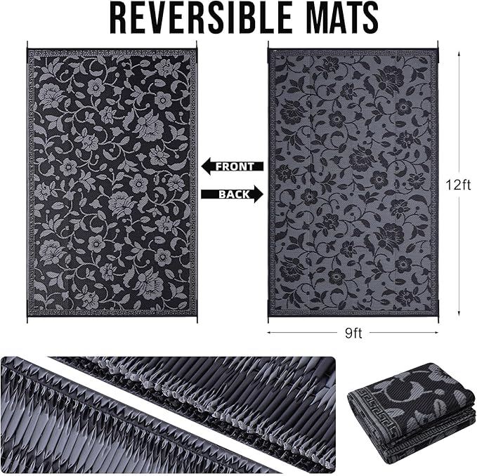 OLANLY Waterproof Outdoor Rug 9x12 ft, Outdoor Plastic Straw Rug with Flower Pattern, Reversible RV Mat for Patio, Camping, Balcony, Deck, Backyard, Black & Grey