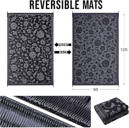 OLANLY Waterproof Outdoor Rug 9x12 ft, Outdoor Plastic Straw Rug with Flower Pattern, Reversible RV Mat for Patio, Camping, Balcony, Deck, Backyard, Black & Grey