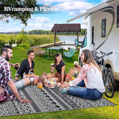 GAOMON Outdoor Rug for Patio 5'x8' Reversible Plastic Rugs Camping Mat for Outdoor, RV, Backyard, Deck, Balcony, Picnic, Beach, Black/White(Bohemia)