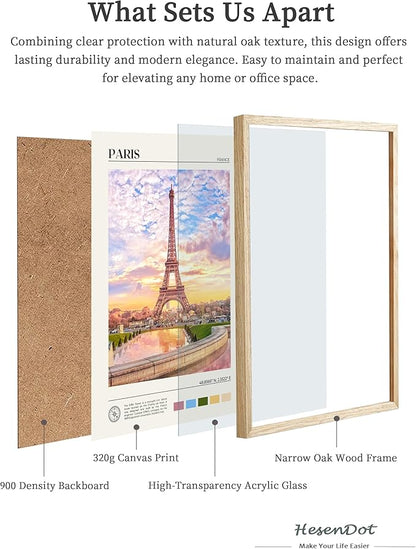 HesenDot Natural OAK Wood Framed Paris City Wall Art,12x16in Iconic Scenery Canvas Wall Print Posters,Classic Urban Landmark Wall Decor for Living Room,Bedroom,Office Gallery Set of 1