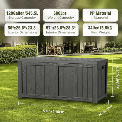 120 Gallon Deck Box,Resin Outdoor Storage Box with Lockable for Patio Furniture, Pool Accessories, Garden Tools Waterproof Outside Storage Box, Black