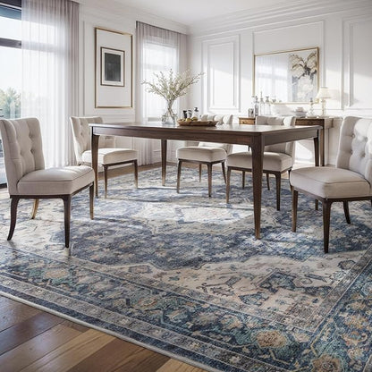 AMOAMI-3X5 Area Rug-Soft Washable Vintage Throw Accent Rugs for Living Room, Entryway, Bedroom, Kitchen, Bathroom, Laundry Room, Kitchen, Bathroom, Bedside, No Slip Blue