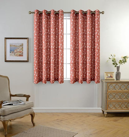 MIUCO Floral Embroidered Semi Sheer Curtains Faux Linen Grommet Window Curtains for Girls Room 52 x 63 Inch 2 Panels, Rust