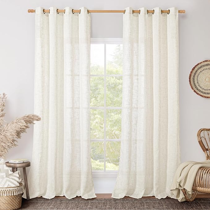 LAMIT Living Room Linen Curtains 90 Inch for Bedroom, Bronze Grommet Linen Textured Sheer Curtains Light Filtering Burlap Panels for Farmhouse, 2 Panels, 52 x 90 Inch, Cream