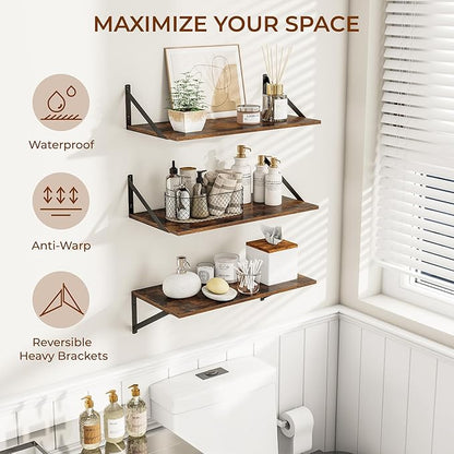Heimlove 24" W x 12" D Wall Shelves for Books, 12 Inch Deep Floating Shelves Set of 3, Wide Floating Bookshelf with Metal Bracket for Living Room, Kitchen, Office, Bedroom and Decor - Rustic Brown