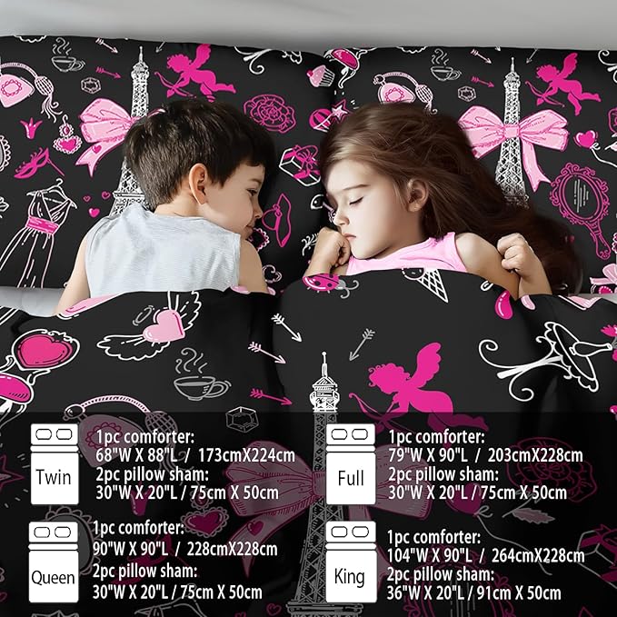 Eiffel Tower Comforter Set Full Size,Eiffel Tower Bedding Set for Girls, Pink and Black Paris Themed Comforter Bedroom Decor,Paris Quilt French Style Romantic Bedding