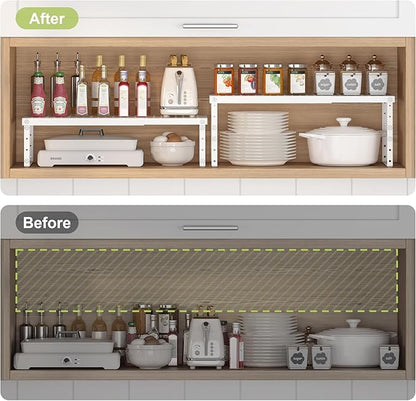 Expandable Cabinet Organizer Shelf With Adjustable Height, Stackable Kitchen Countertop Organizer Rack, Adjustable Shelf Riser For Kitchen Counter, Pantry, Cupboard, Desk, Tabletop
