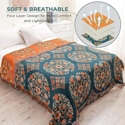 Throw Blanket for Couch Bed Chair,100% Cotton Soft Lightweight Blanket Rustic Quilt -Orange Floral Printed Farmhouse Decor Bed All Season Blankets,80"×90"