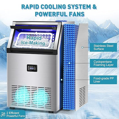 Commercial Ice Maker Machine, 175Lbs/24H with 45Lbs Storage, 55Pcs Clear Ice Cubes in 8-15Mins, Freestanding Stainless Steel Ice Machine for Home, Bar, Party, Office - Fast Ice Making & Easy to Clean