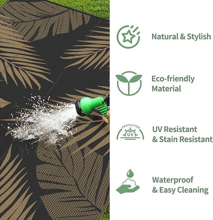 GENIMO Outdoor Rug 10' x 14' Waterproof for Patios Clearance, Reversible Outdoor Plastic Straw Camping Rug Carpet, Large Area Rugs Mats for RV, Camper, Deck, Balcony, Porch, Beach, Picnic, Black&Brown