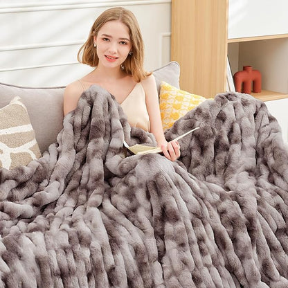 Ultra Soft Luxury Faux Fur Twin Blanket for Counch,Fuzzy Fluffy Plush Warm Cozy Elegant Wrinkled Blanket for Sofa Bedroom Living Room,（60"x80",Tie-dye Taupe）