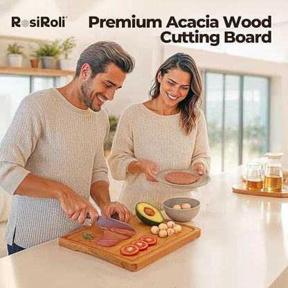 Acacia Wood Cutting Board for Kitchen - 0.8 inch Thick Wood Charcuterie Cheese Board with Side Handles and Juice Grooves, Wooden Chopping Block for Meat and Veggies, 13x10 inch