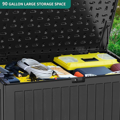 YITAHOME 90 Gallon Double-Wall Deck Box with Side Handles, Outdoor Large Storage for Patio Furniture Cushions, Garden Pool Accessories, Water Resistant & Lockable