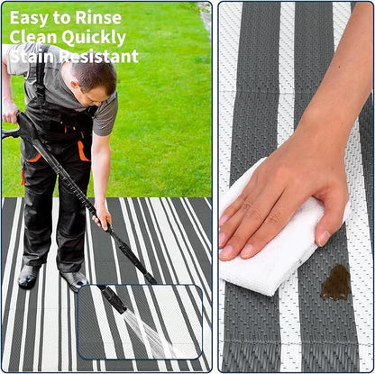 Outdoor Plastic Straw Rug 9x18 Waterproof Outside Rug, Large Modern Striped Reversible Floor Mats, Foldable & Lightweight Camping Carpet for Patio, Porch, Deck, Backyard, Balcony, Grey