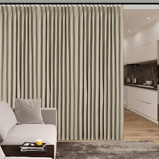 100" W x 96" L Faux Linen Room Divider Curtains, Full Blackout Pinch Pleated Drapes for Traverse Rod, Bedroom Divider Privacy Drapery with Hooks for Ceiling Track, 1 Panel, Light Khaki
