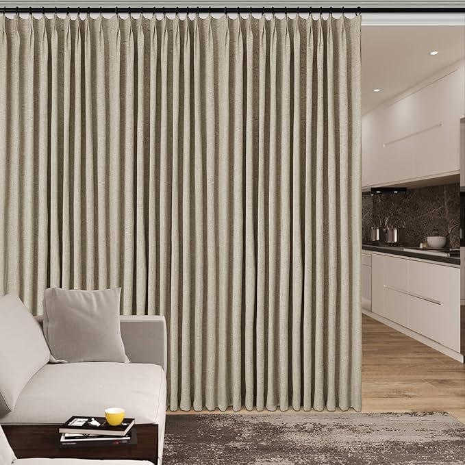 100% Blackout Linen Textured Drapes for Bedroom Pinch Pleated Curtains for Track System Portable Drapery for Sliding Glass Door/Storage/Space Room Divider, 70" Wx84 L, 1 PC, Light Khaki