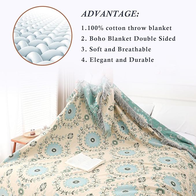 Snycler Boho Throw Blanket for Bed - 100% Cotton Ultra Soft Rustic Quilt - Blue Boho Floral Printed Farmhouse Decor Bed Blankets, 91"×98" All Season Rustic Throw for Sofa Couch Chair