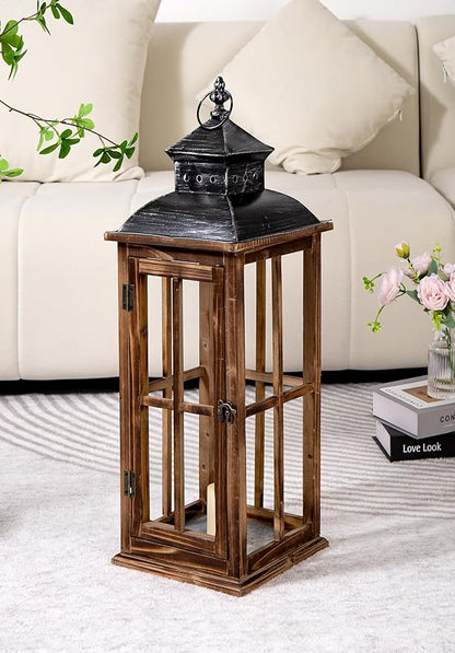 Large Farmhouse Decorative Wooden Lanterns Set of 2, Rustic Burnt Wood Floor Lanterns, Indoor/Outdoor Hurricane Lanterns for Home Decor (No Glass)
