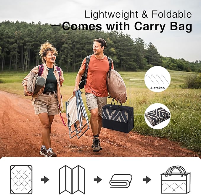 OLANLY Outdoor Rug 9x12 ft Waterproof, Outdoor Plastic Straw Rug with Geometric Pattern Clearance, Reversible RV Mat for Patio, Camping, Balcony, Deck, Backyard, Black & Beige