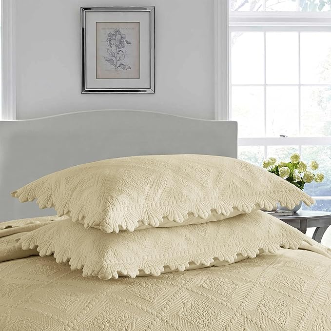 MarCielo 3-Piece 100% Cotton Oversized Bedspread Lightweight Quilt Coverlet Embroidery Farmhouse Bedding Set (Tk Beige Khaki, Oversized King (118"x106"))