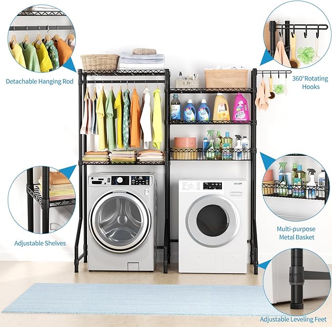 Over Washer and Dryer Shelves,Heavy Duty Laundry Room Storage Organization Clothes Drying Rack,5 Tier Adjustable Height Wire Shelving and Wire Basket with Hanger Rod&Hook,Space Saving Shelf