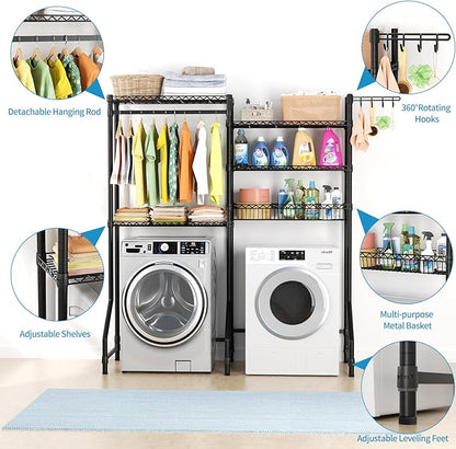 Over Washer and Dryer Shelves,Heavy Duty Laundry Room Storage Organization Clothes Drying Rack,5 Tier Adjustable Height Wire Shelving and Wire Basket with Hanger Rod&Hook,Space Saving Shelf
