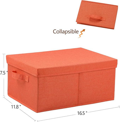 HOONEX Storage Bins with Lids for Organizing, Pack of 2, Storage Boxes with 2 Carrying Handles and Sturdy Heavy Cardboard, 16.5" L x 11.8" W x 7.5" H for Shoes, Books, Clothes, Nursery, Orange