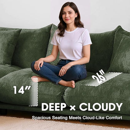 Modern Minimalist Chenille Modular Sectional Sofa, Deep-Seat 3-Seater L-Shaped Couch with Movable Ottoman and Thick Cushions, Upholstered Sofa for Living Room, Bedroom, Office, Apartment(Green L Sofa)