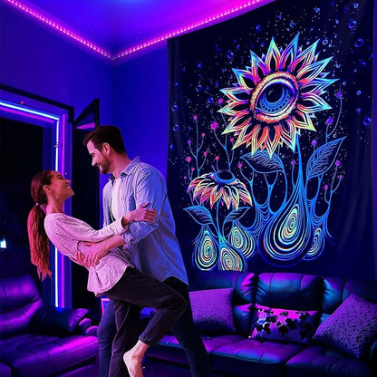 ADDWel Blacklight Sunflower Tapestry, Hippie Eye Tapestry Glow In The Dark, UV Reactive Black Light Upright Posters Wall Hanging for Bedroom Dorm Living Room Backdrop Decor
