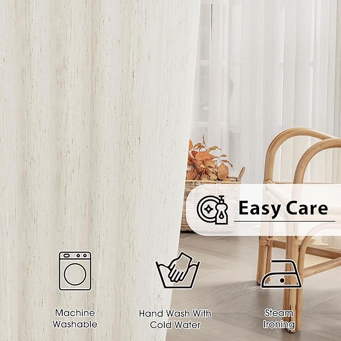 FMFUNCTEX Linen Sheer Curtains for Bedroom, Beige Curtains 72 inches Long for Living Room, Natural Flax Blend Window Draperies for Farmhouse Curtain, Rod Pocket 2 Panels