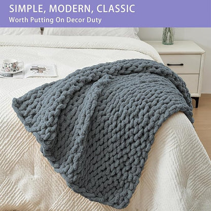 Bigacogo Chunky Knit Throw Blanket for Couch, 40x40 inches, 100% Hand Knitted with Thick Jumbo Chenille Yarn, Cozy Soft Large Rope Knot Cable Crochet Blankets for Sofa Bed Living Room, Iron Gray