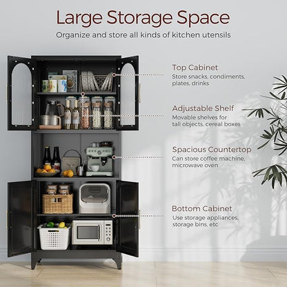 75" Tall Kitchen Pantry Cabinet, Metal Storage Cabinets with Acrylic Doors and Adjustable Shelves, Hutch Cabinet with Storage, Black Microwave Stand Cabinets for Dining Living Room