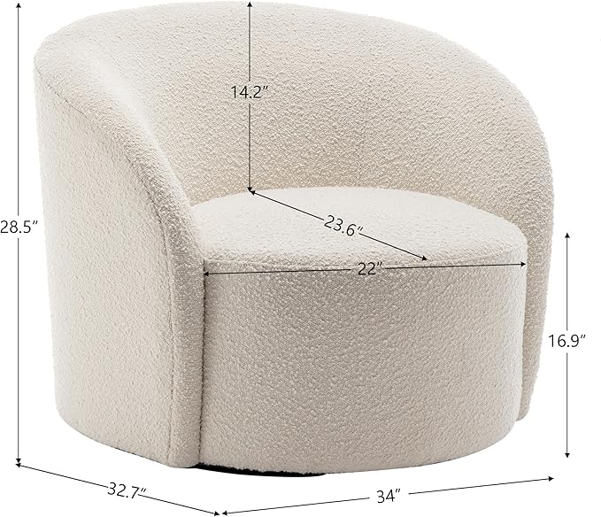 KINWELL Sherpa Swivel Barrel Chair & Round Ball Pillow Set - 34" Wide Modern Boucle Accent Chair with 9” Matching Nordic Decorative Throw Pillow for Living Room and Bedroom(Cream)
