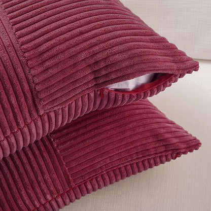 Fancy Homi 2 Packs Burgundy Euro Decorative Throw Pillow Covers 28x28 Inch for Bed, Rustic Farmhouse Boho Home Decor, Soft Corss Corduroy Patchwork Textured Square Cushion Case 71x71 cm