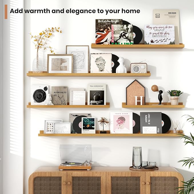 Fun Memories Picture Ledge Shelves Set of 2, 48 Inch Rustic Wall Mounted Floating Shelves with Lip for Home Storage and Décor in Bathroom, Kitchen, Nursery, Bedroom, Living Room, Oak