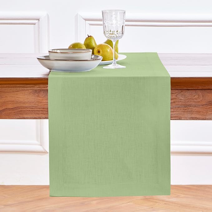 Solino Home Linen Table Runner 90 Inches Long - 100% Pure Linen Laurel Green Dining Table Runner 14 x 90 Inch for Fall, Autumn, Thanksgiving - Fete
