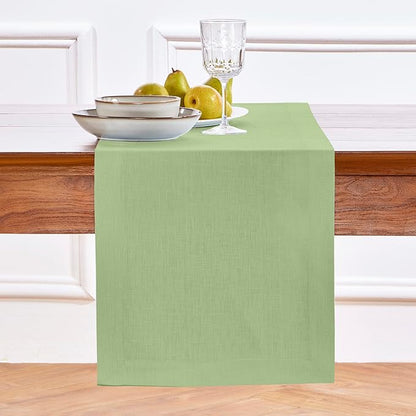 Solino Home Linen Table Runner 90 Inches Long - 100% Pure Linen Laurel Green Dining Table Runner 14 x 90 Inch for Fall, Autumn, Thanksgiving - Fete
