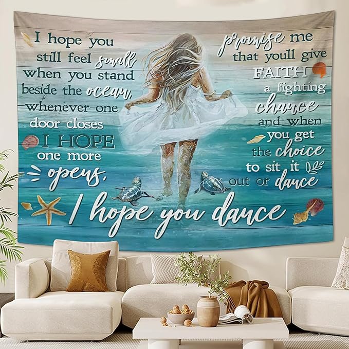 Coastal Beach Tapestry I Hope You Dance Tapestry Wall Hanging for Bedroom Sea Turtle Tapestries Aesthetic Wall Decor for Home Dorm Living Room 50"x60"