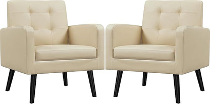 Yaheetech Mid-Century Accent Chairs, PU Leather Modern Upholstered Living Room Chair, Cozy Armchair Button Tufted Back and Wood Legs for Bedroom/Office/Cafe Beige 2PCS
