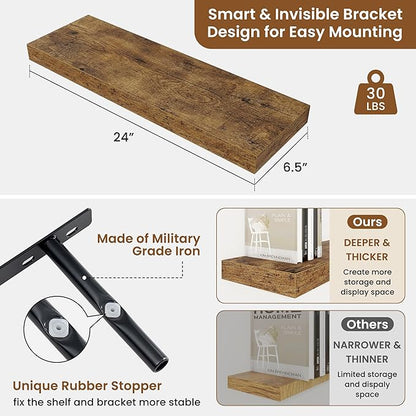 fuqing Floating Shelves for Wall, Bathroom Shelf Wall Mounted for Storage, Shelves with Invisible Bracket for Bedroom, Kitchen, Living Room, Farmhouse Small Book Shelf, 24 Inch Set of 2, Rustic Brown