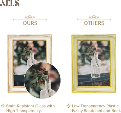 AELS 5x7 Inch Vintage Picture Frame, Elegant Antique Photo Frames with Glass Front, Photo Display, Tabletop Wall Hanging, Gift Ideas, Off-white with Gold Trim