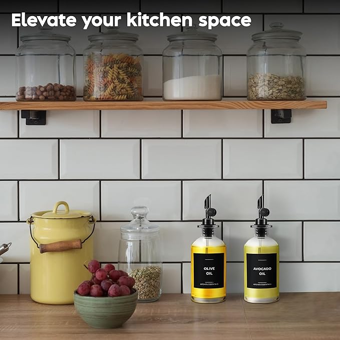 Olive Oil Dispenser Bottle - Includes 55 Kitchen Essential Labels - Cooking Oil Bottles for Kitchen, Coffee Syrup Dispenser - Pourer Spout with 11.8 fl oz Glass Container Cruet - 2pcs, Black