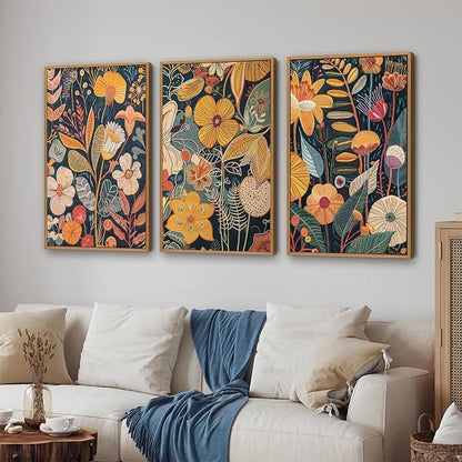 SIGNINART Boho Botanical Framed Canvas Wall Art Set of 3, Mid Century Modern Wall Decor, Burnt Orange Floral Artwork, Neutral Flower Plant Art Prints for Bedroom Living Room Office 24"x36"x3