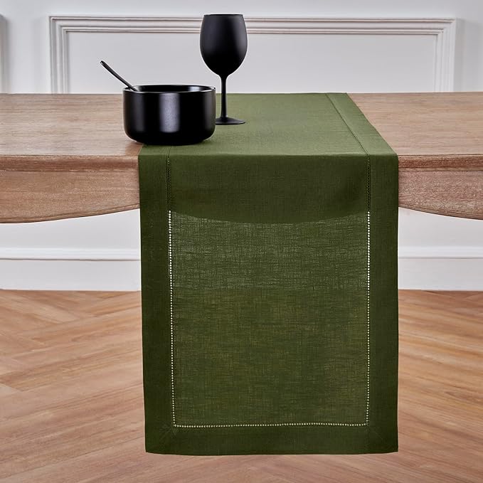 Solino Home Linen Olive Table Runner 90 Inches Long - 100% Pure Linen 14 x 90 Inch Table Runner for Fall, Autumn, Thanksgiving - Classic Hemstitch