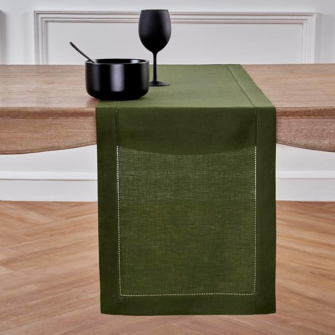 Solino Home Linen Table Runner 36 Inches - 100% Pure Linen Olive Hemstitch Table Runner 14 x 36 Inch Ideal for Dresser and Coffee Tables - Classic Hemstitch - Thanksgiving