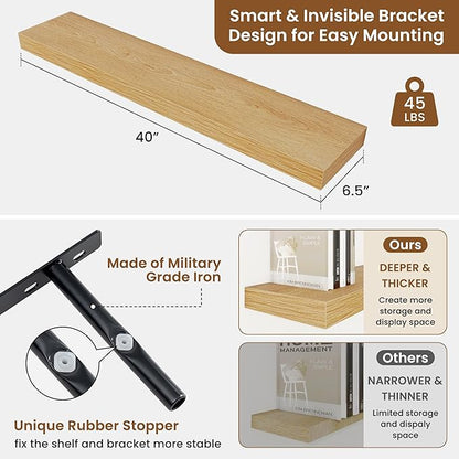 fuqing Floating Shelves for Wall, Bathroom Shelf Wall Mounted for Storage, Shelves with Invisible Bracket for Bedroom, Kitchen, Living Room, Farmhouse Small Book Shelf, 40 Inch Set of 2, Oak